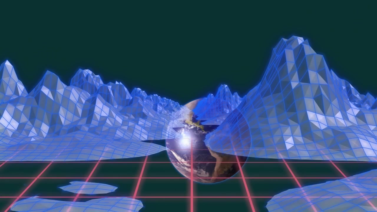 Animation of globe and metaverse structures over grid network against black background