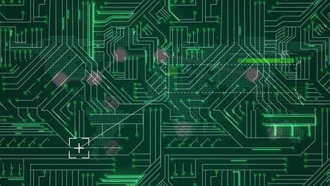 animación del escaneo del alcance sobre los senderos de luz verde en la placa de circuitos de computadora