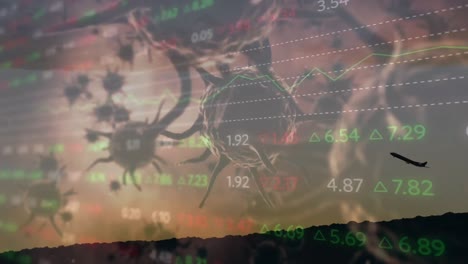 Procesamiento-De-Datos-Del-Mercado-De-Valores-Y-Células-Covid-19-Flotando-Contra-El-Cielo-Del-Atardecer