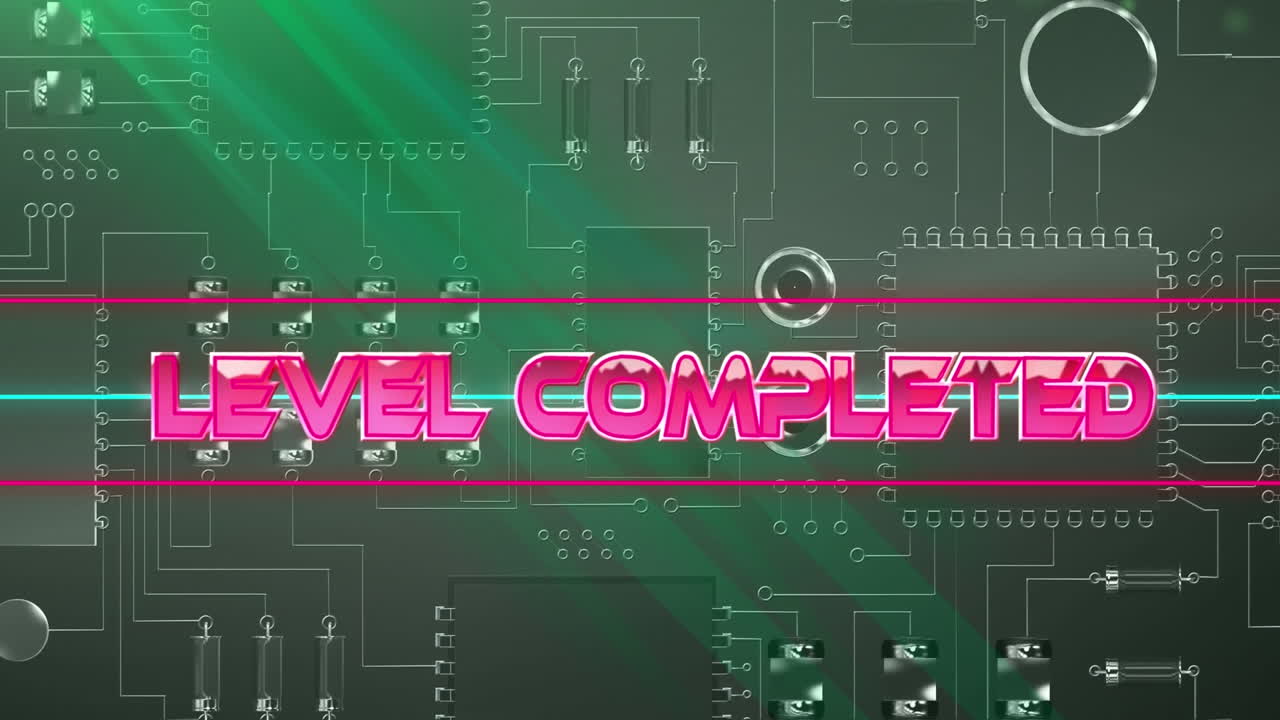 블랙 배경에 마이크로프로세서 연결의 클로즈업 위에 네온 배너에 수준 완료 텍스트