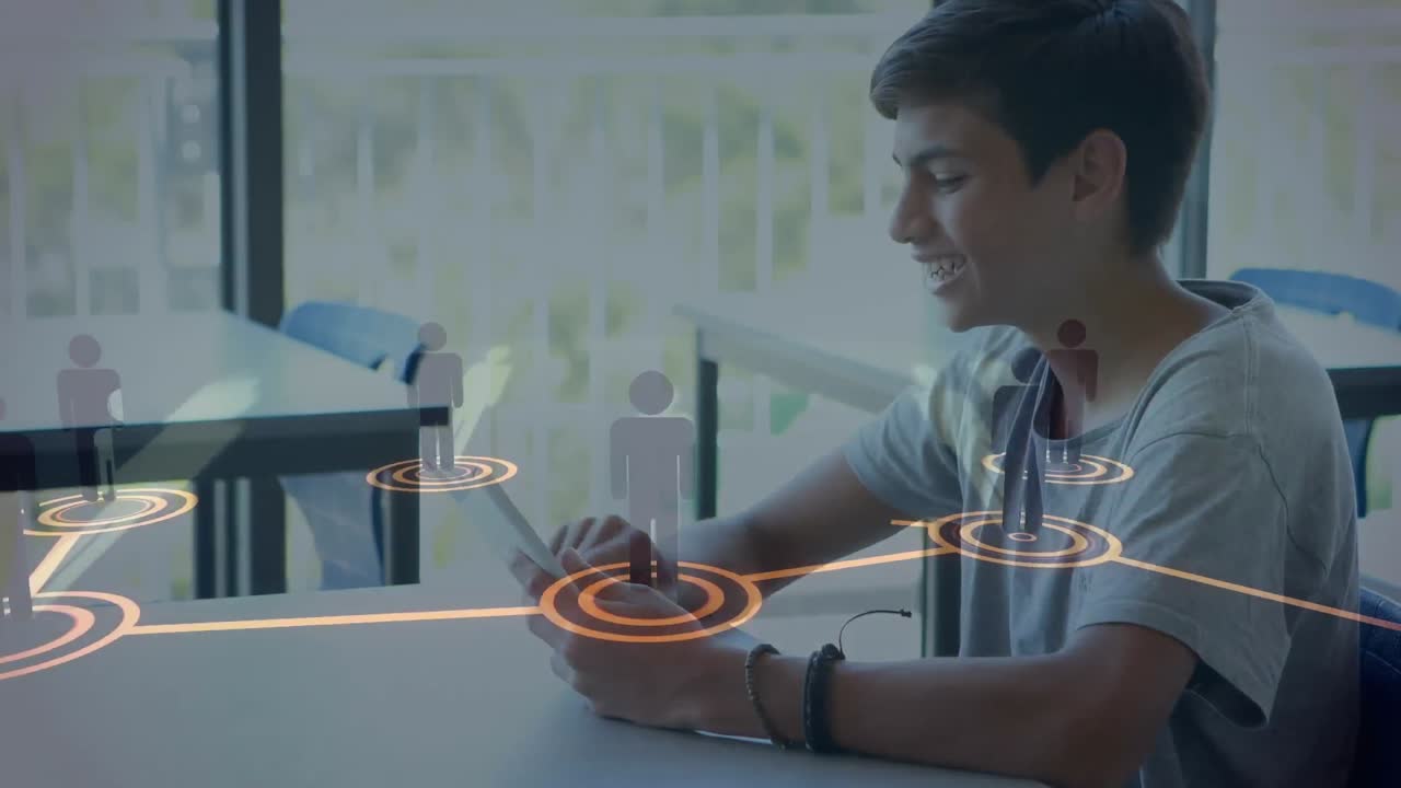 스마트 폰을 사용하는 남학생을 통해 아이콘과 연결 네트워크의 애니메이션