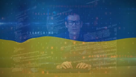 Animation-Eines-Kaukasischen-Männlichen-Hackers-Und-Datenverarbeitung-über-Der-Flagge-Der-Ukraine