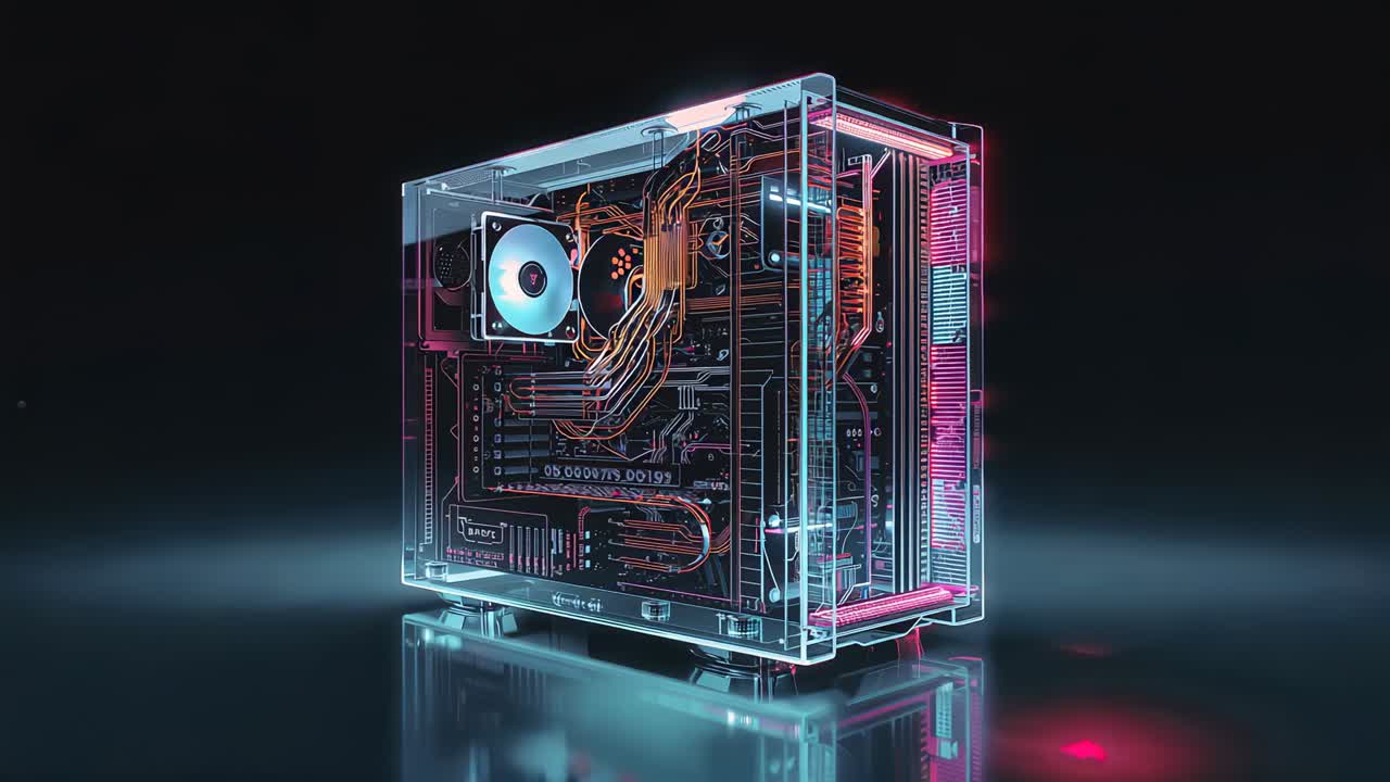 Starting rotation showing clear tower revealing RGB fan and neon edges in studio, showing internals