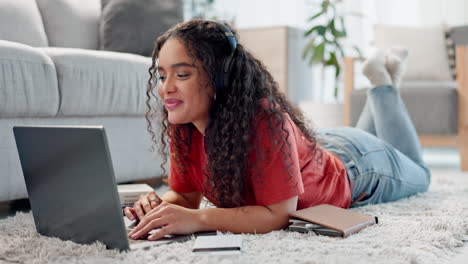 Woman,-student-and-laptop-on-home-floor