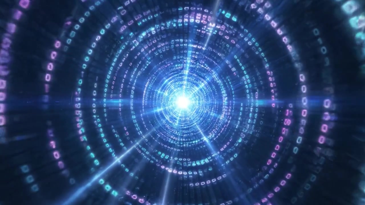 A mesmerizing digital tunnel of light, with swirling streams of binary code flowing towards a radiant center, symbolizing the convergence of technology and innovation.
