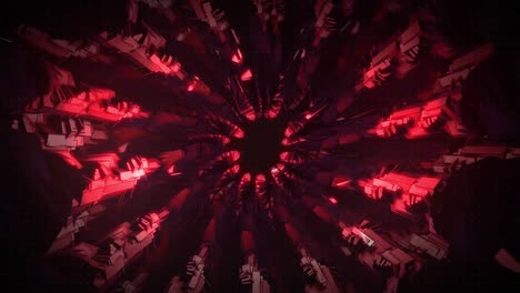 Animation-of-red-data-loading-rings-over-red-kaleidoscopic-shapes-on-black-background