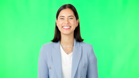 Smile,-business-woman-and-face-on-green-screen