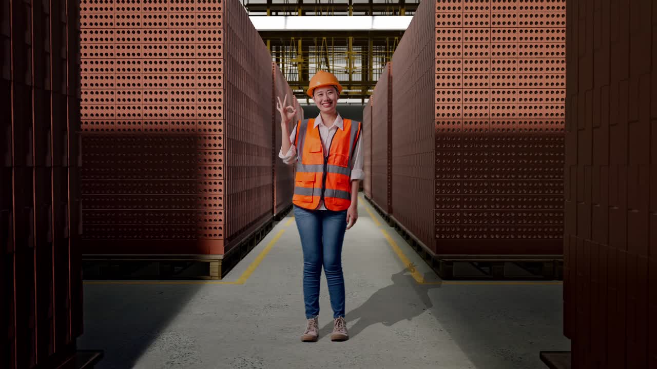 Full Body Of Asian Female Engineer With Safety Helmet Smiling And Showing Okay Gesture To The Camera While Standing With Red Brick Packed in Stacks Are Stored
