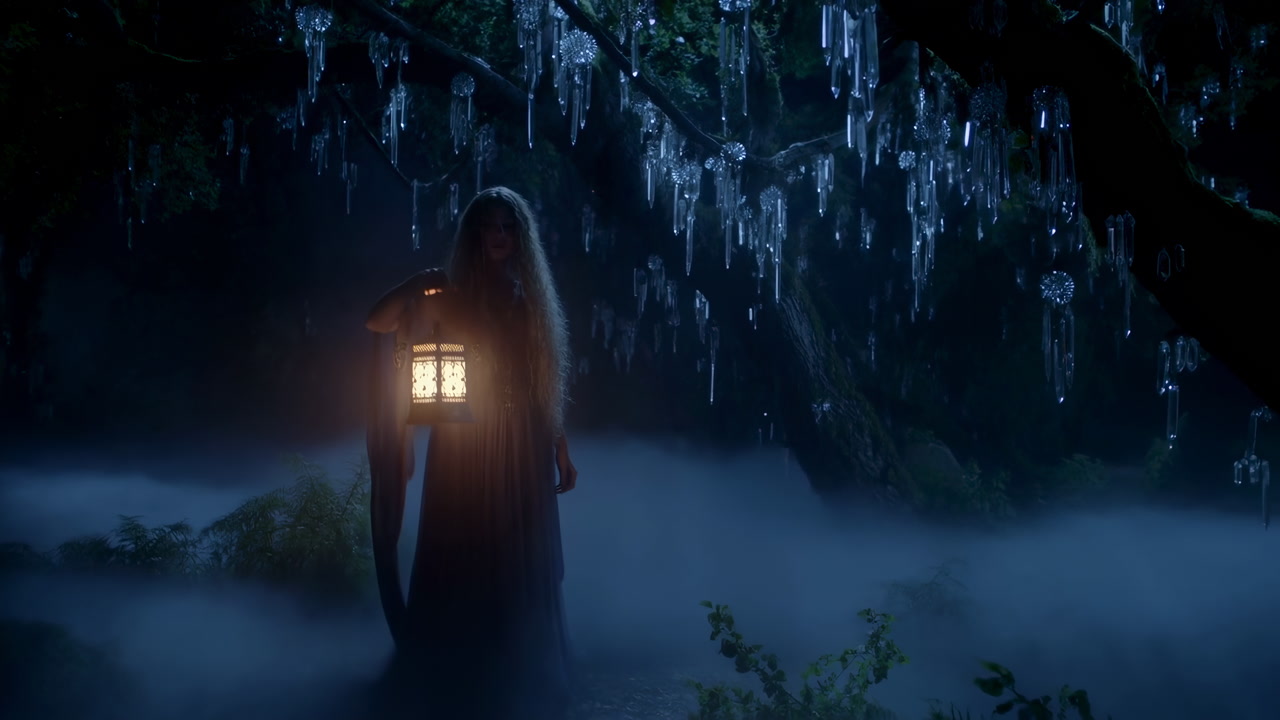 Cloaked Figure With Lantern In Misty Swamp, Silhouette Beneath Draping Moss And Glistening Droplets, Fog