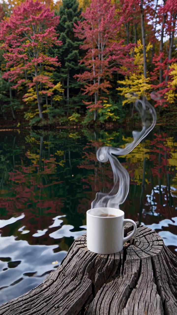 A steaming mug on a tree stump by a lake with colorful autumn trees