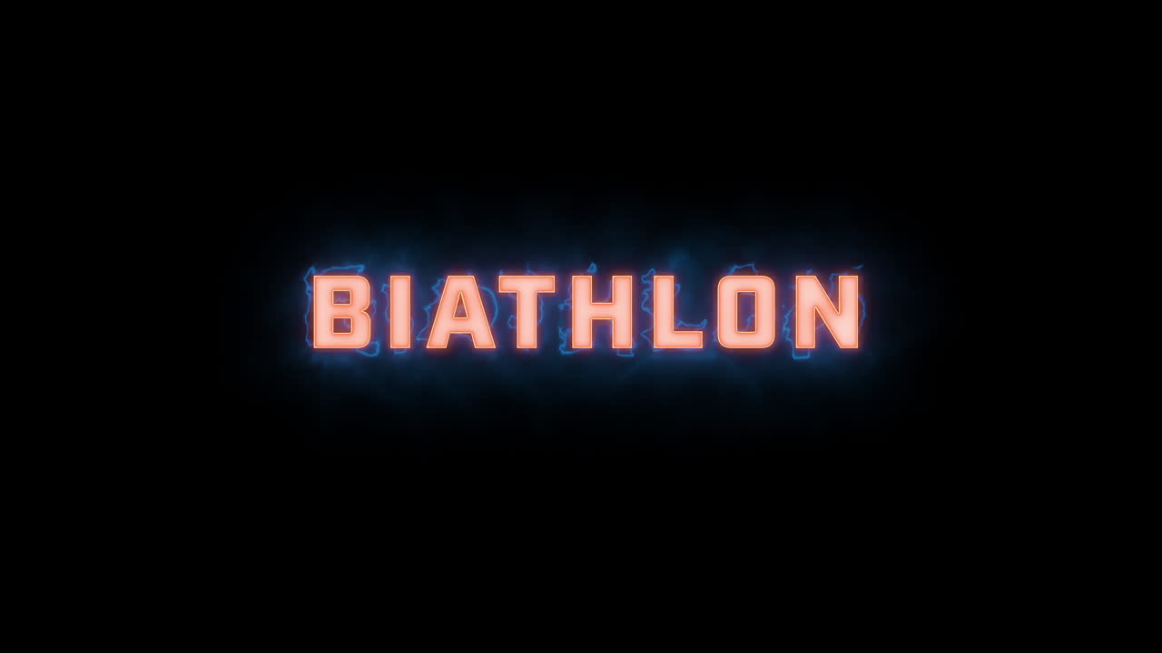 una breve revelación tipográfica en movimiento de alta calidad de las palabras "biatlón" con varias opciones de colores sobre un fondo negro, animada dentro y fuera con elementos eléctricos y brumosos