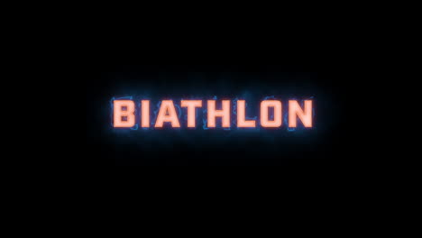 a short high quality motion graphic typographic reveal of the words "biathlon" with various colour options on a black background, animated in and animated out with electric, misty elements