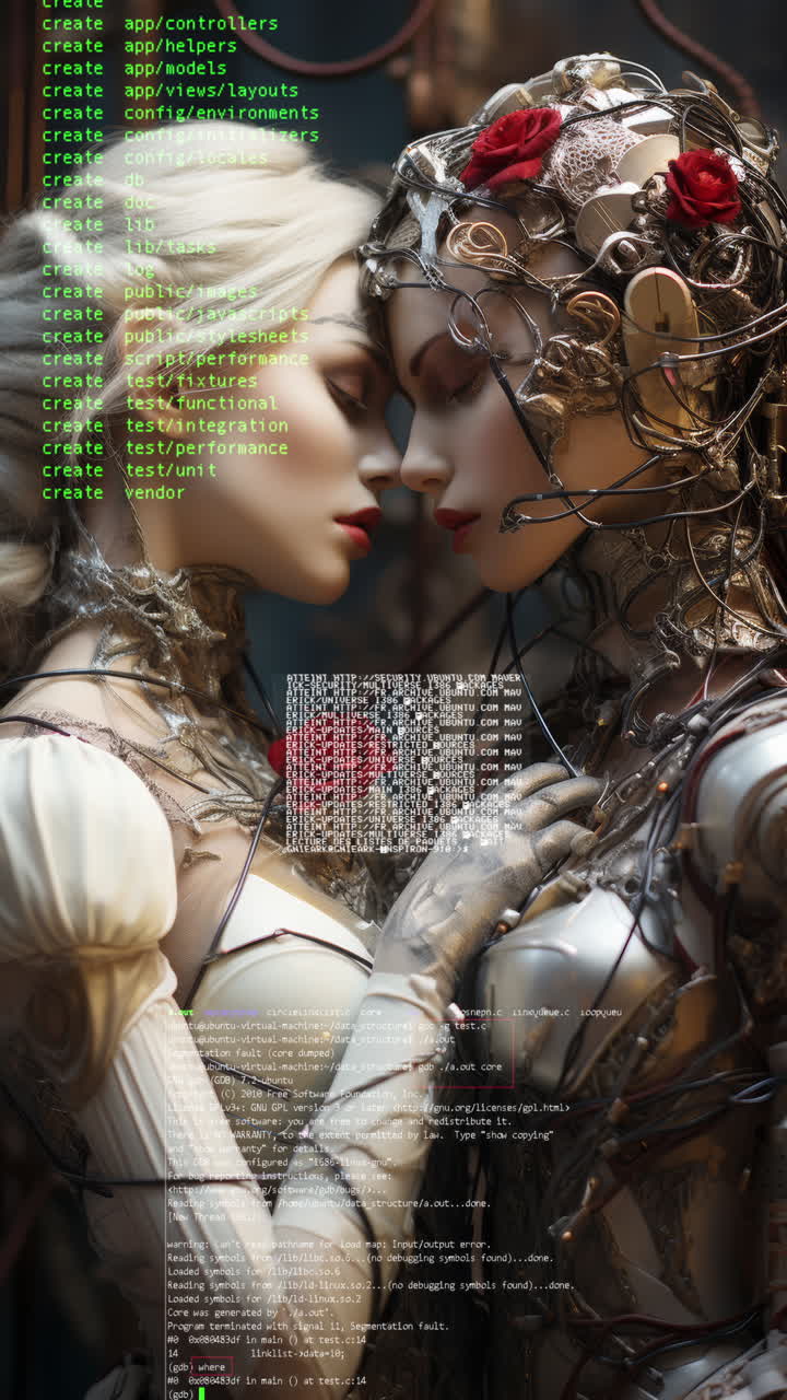 female cyborg robots embracing and in love made with generative AI