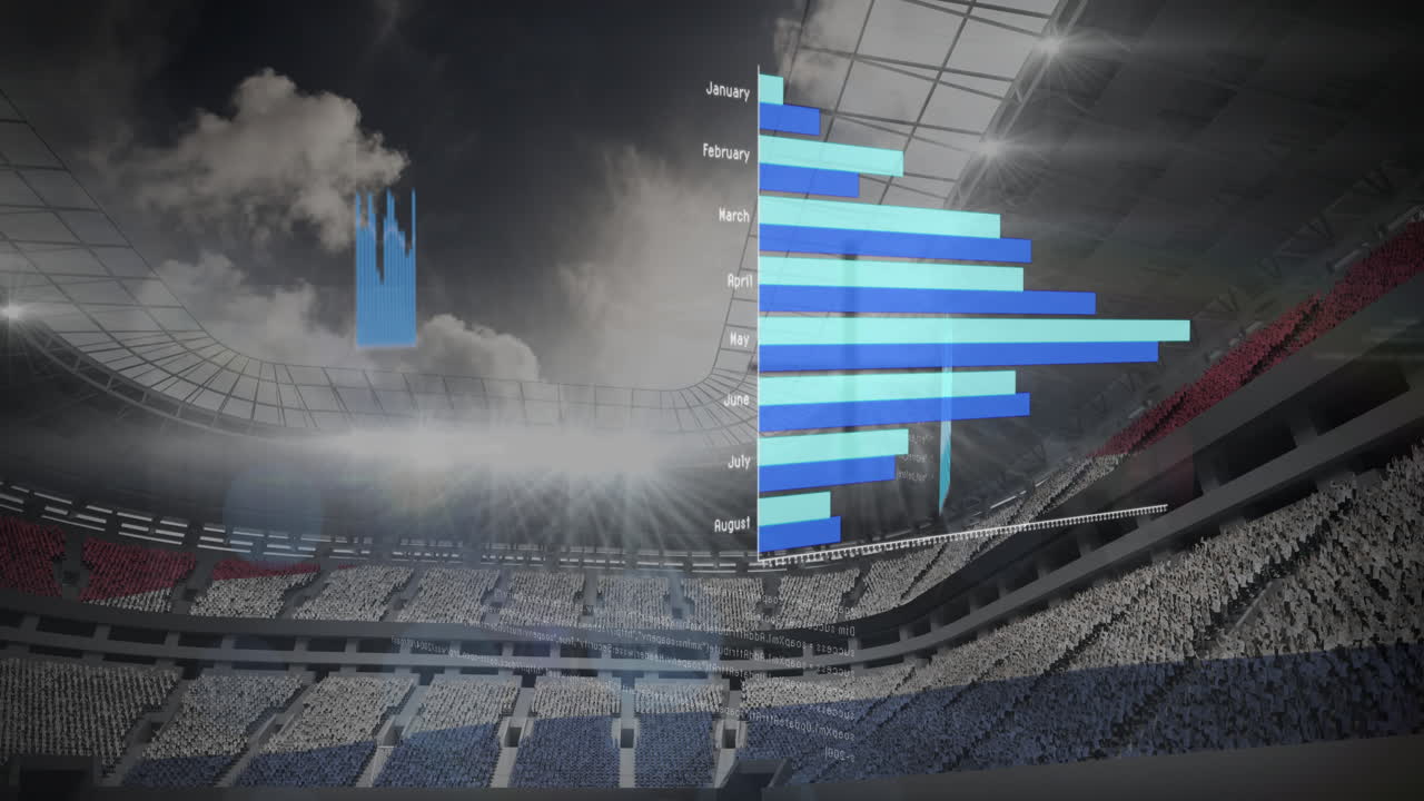 Bar chart animation over empty stadium with dramatic lighting and clouds