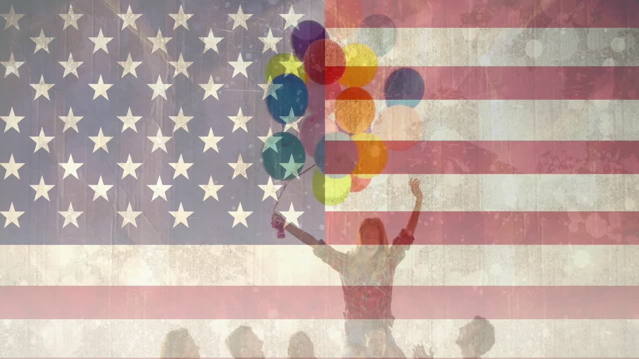 Animation of flag of usa over diverse friends holding balloons
