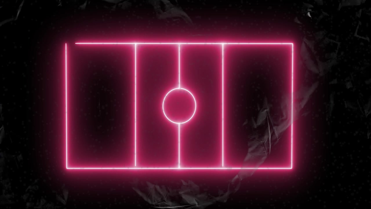 Neon pink soccer field animation over dark abstract background