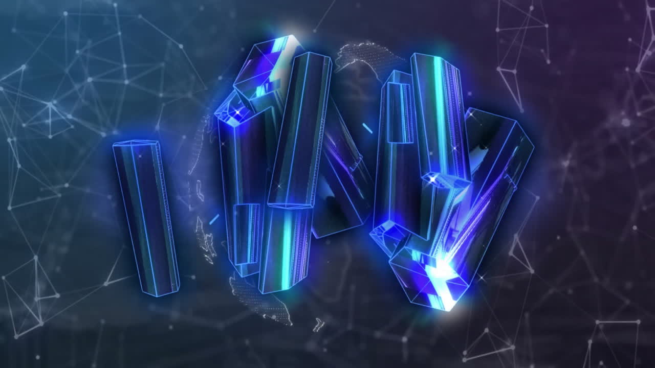 파란색 배경에 연결 네트워크와 파란색 반이는 블록의 애니메이션