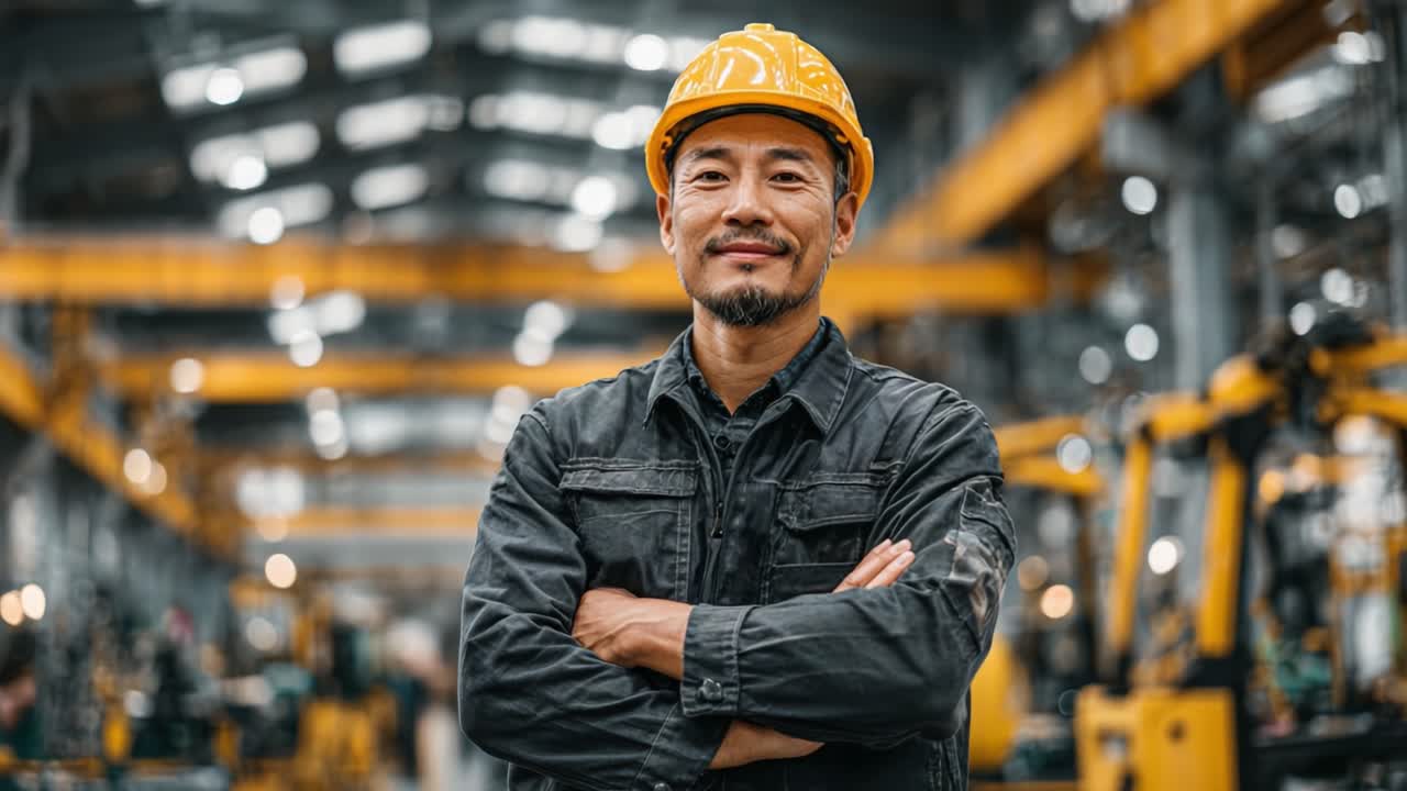 Operaio industriale sicuro di sé con un cappello, che posa orgogliosamente in un grande stabilimento di produzione, mostrando dedizione e impegno per la sicurezza e il lavoro di squadra sul posto di lavoro