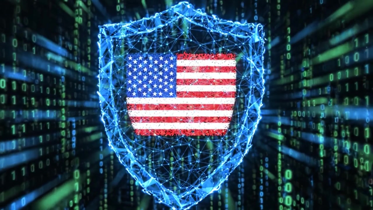 A visual representation of cybersecurity featuring a shield encapsulating the American flag amidst a backdrop of cascading binary code, symbolizing digital defense and national security.