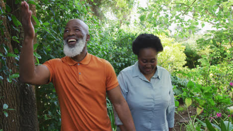 african american senior couple holding hands smiling while walking together in the garden