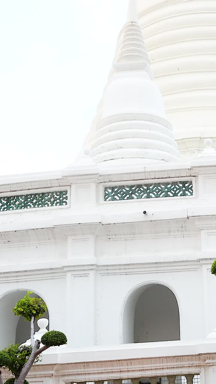 A serene view of Wat Prayurawongsawat's white pagoda in Bangkok, captured with gentle camera movement under soft daylight