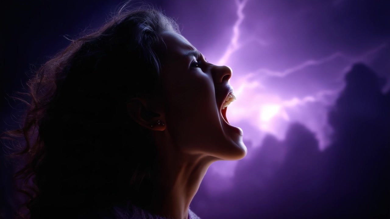 Uma representação dramática de uma figura silhuetada contra um cenário tempestuoso, capturando a essência da emoção pura e o poder da fúria da natureza em um visual impactante