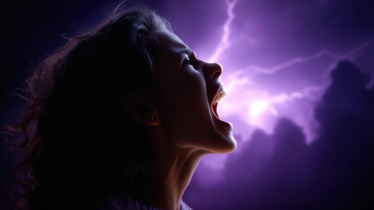 Uma representação dramática de uma figura silhuetada contra um cenário tempestuoso, capturando a essência da emoção pura e o poder da fúria da natureza em um visual impactante