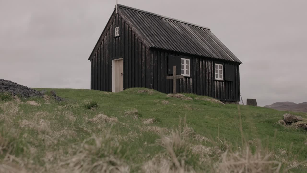 Black Church Kr&yacute;suv&iacute;kurkirkja In Reykjanes Peninsula, Iceland - Tilt Up