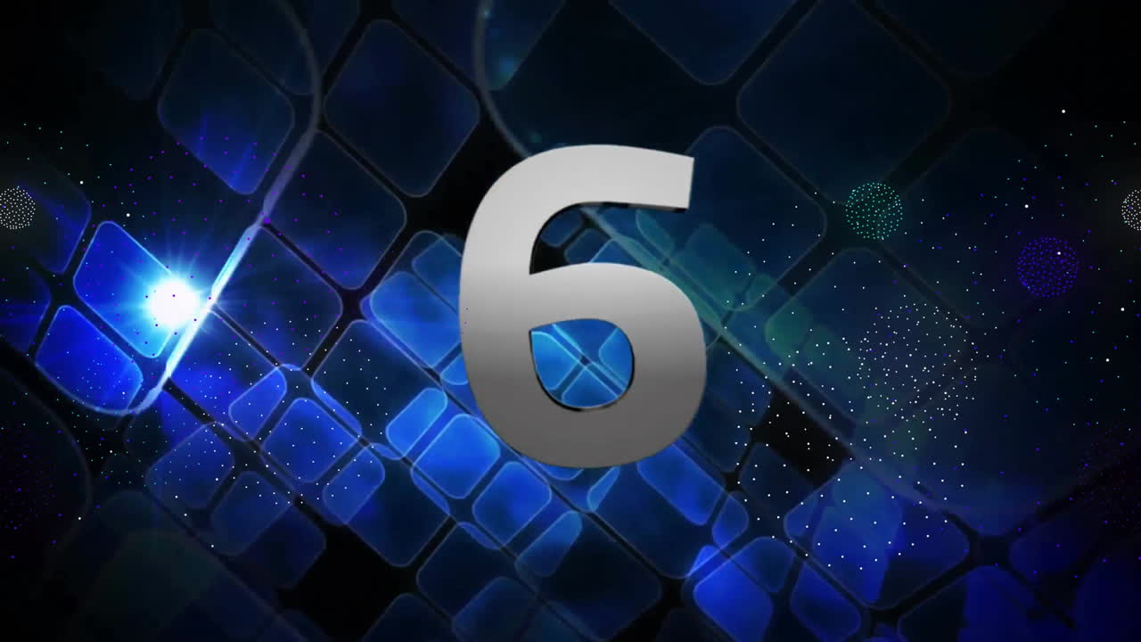 Animation of countdown to midnight over blue squares on black background