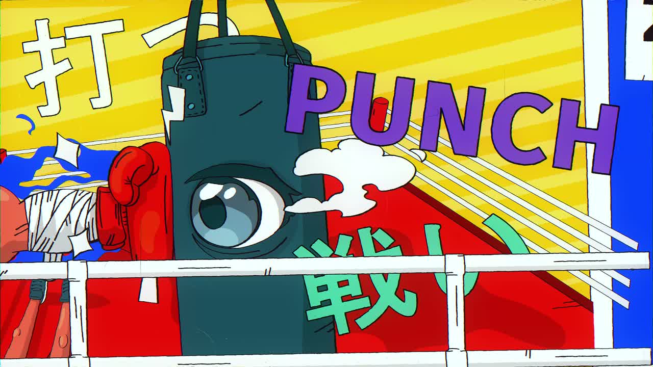 Graphiques d'anime rétro élégants composés de texte et d'éléments 2D colorés et tendance