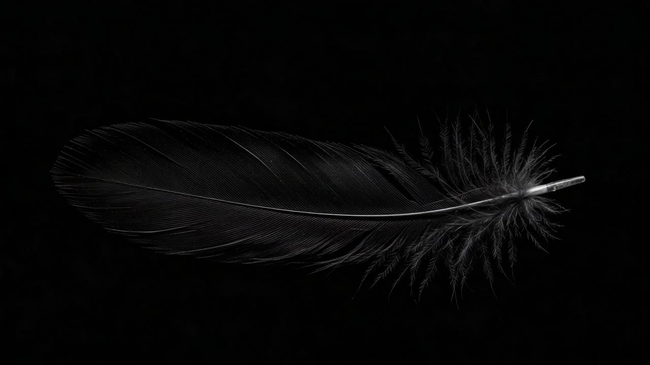 A Stunning Close-Up of a Black Feather Captured on a Dark Background, Showcasing Its Intricate Details and Unique Texture
