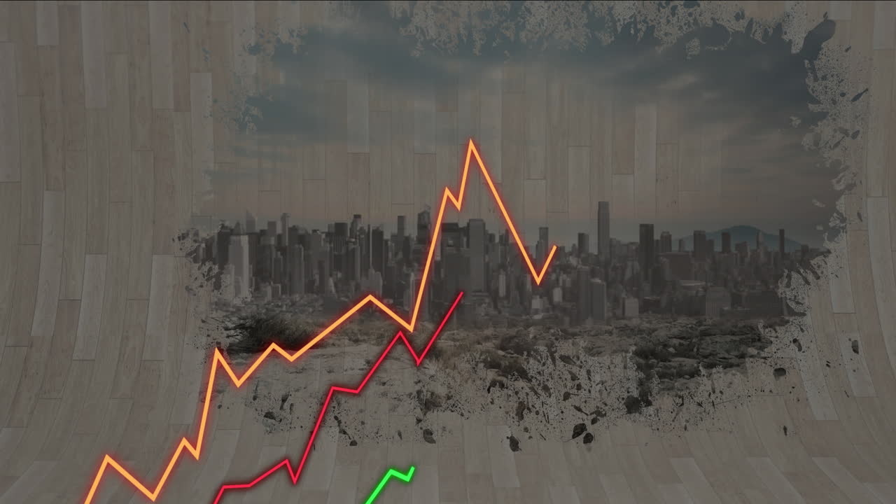 Animation of rising graph lines with city skyline and abstract textured background