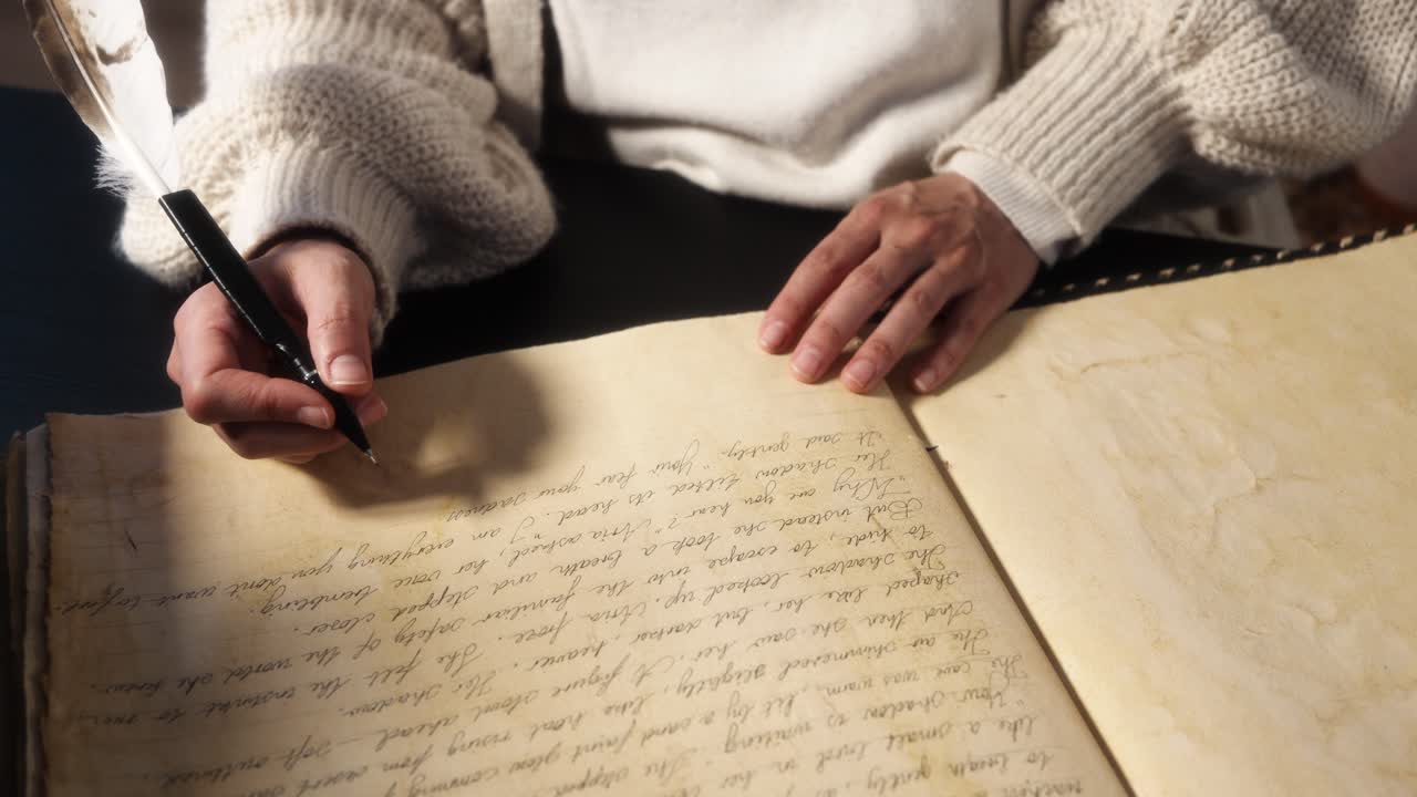 Close up of hands writing handwritten notes using a feather quill pen, conveying creativity, reflection, literature and traditional writing process