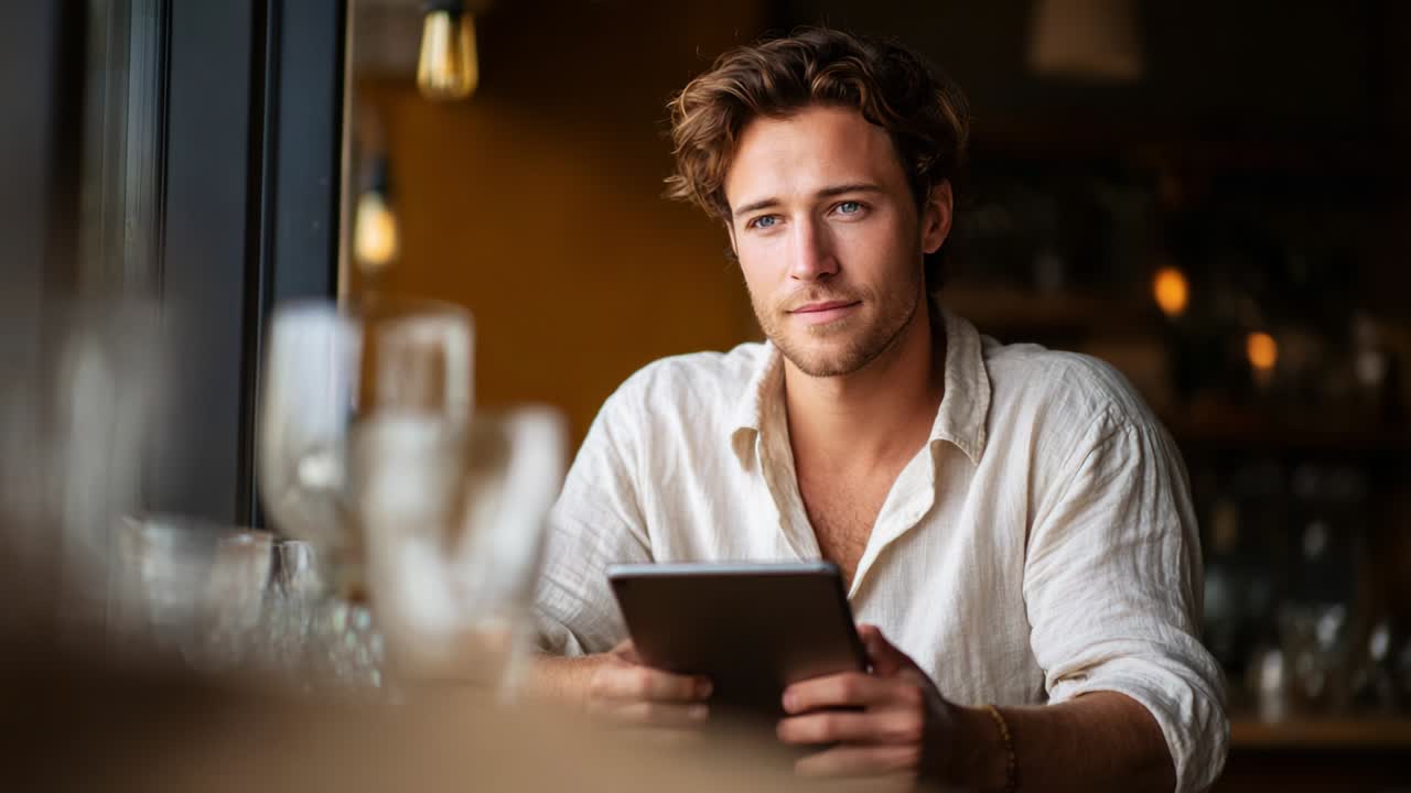 A young man with curly hair sitting at a table in a cozy indoor setting, absorbed in reading an e-book on a tablet, surrounded by soft lighting and glassware, reflecting a tranquil atmosphere of leisure and focus