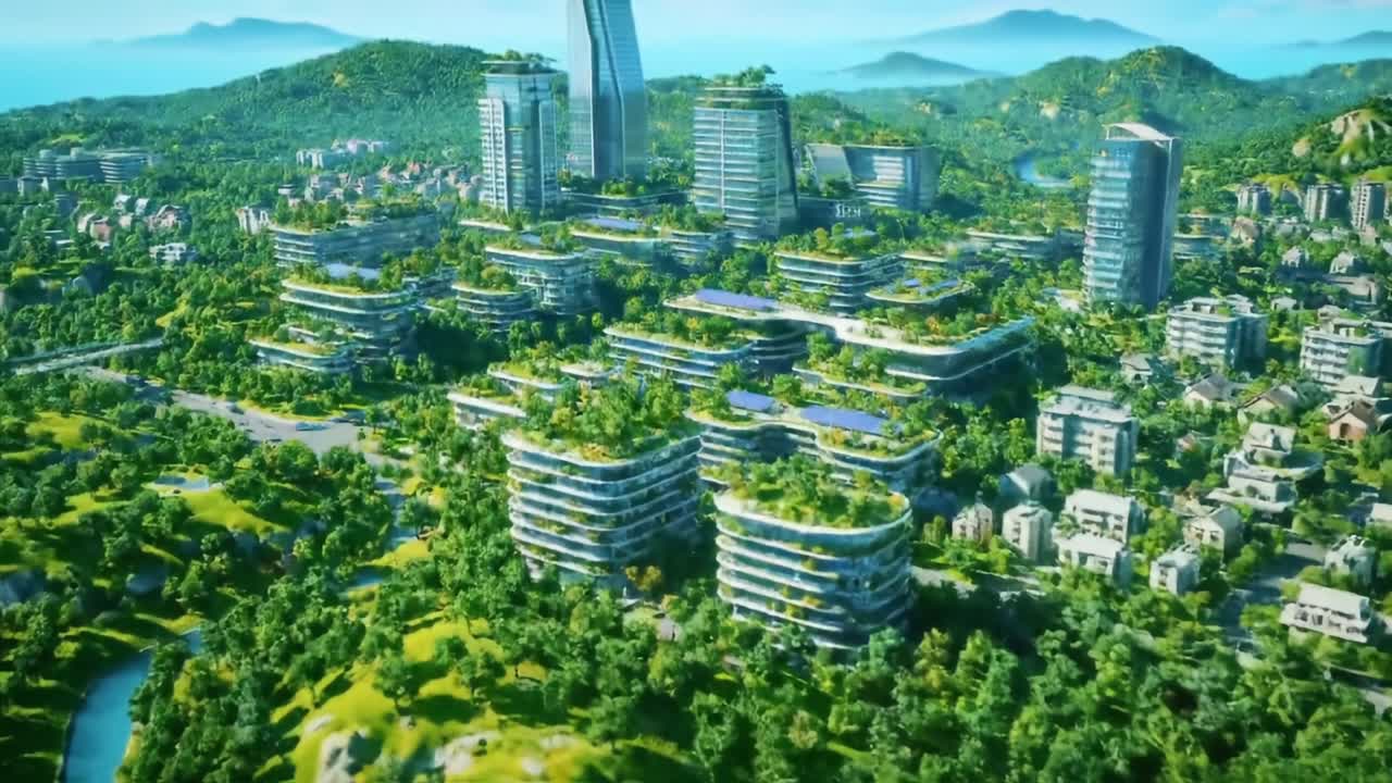 Aerial Views of a Futuristic Eco-City Surrounded by Lush Greenery and Advanced Architecture Integrating Nature into Urban Living with Sustainable Infrastructure