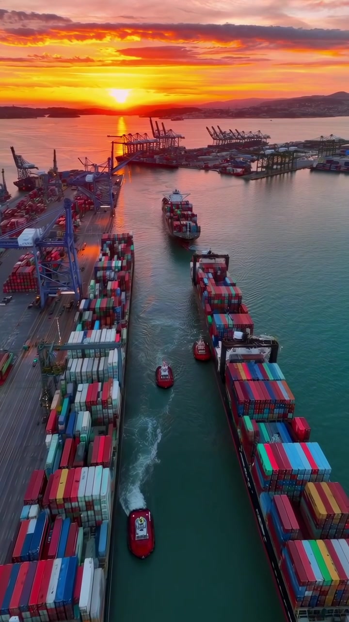 Aerial View of Container Ships in a Busy Port at Sunset