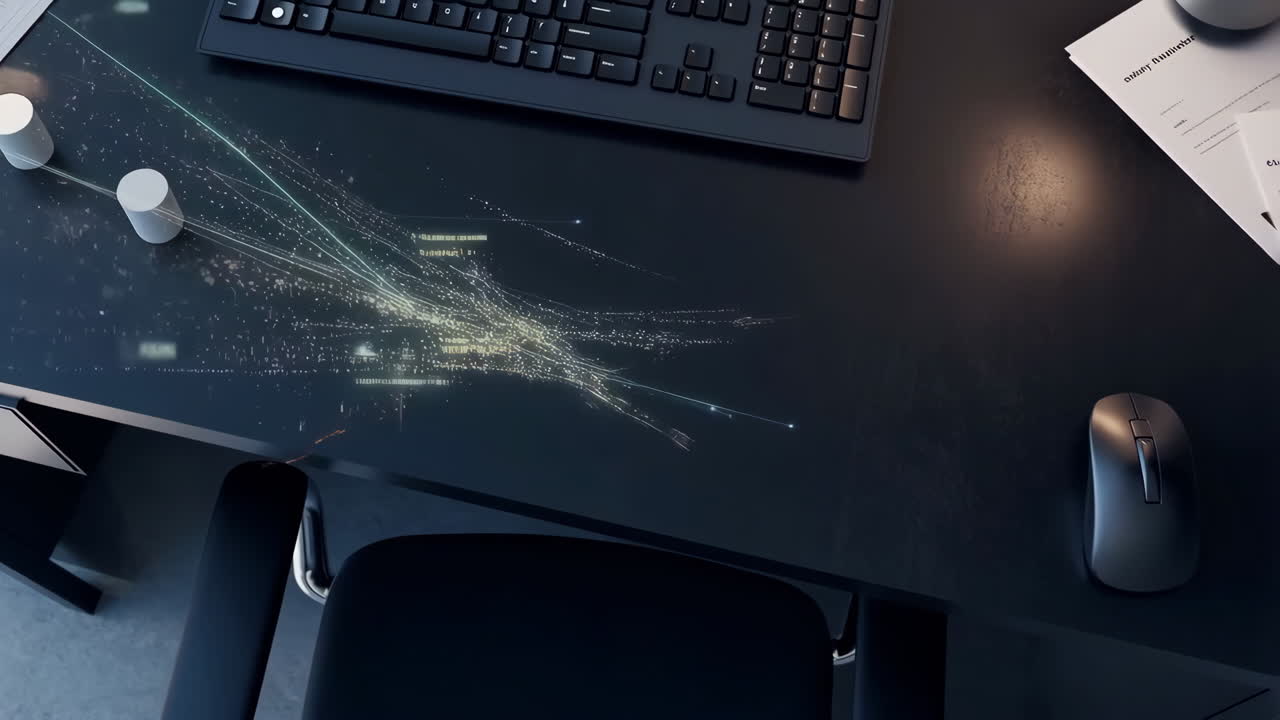 Futuristic Office Desk with Digital Data Visualization