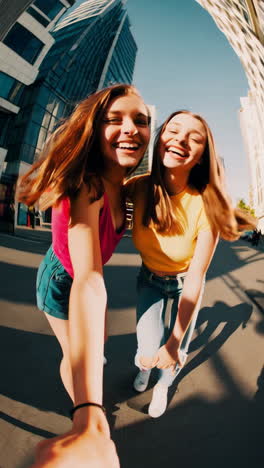 two happy young women taking a selfie in a modern city