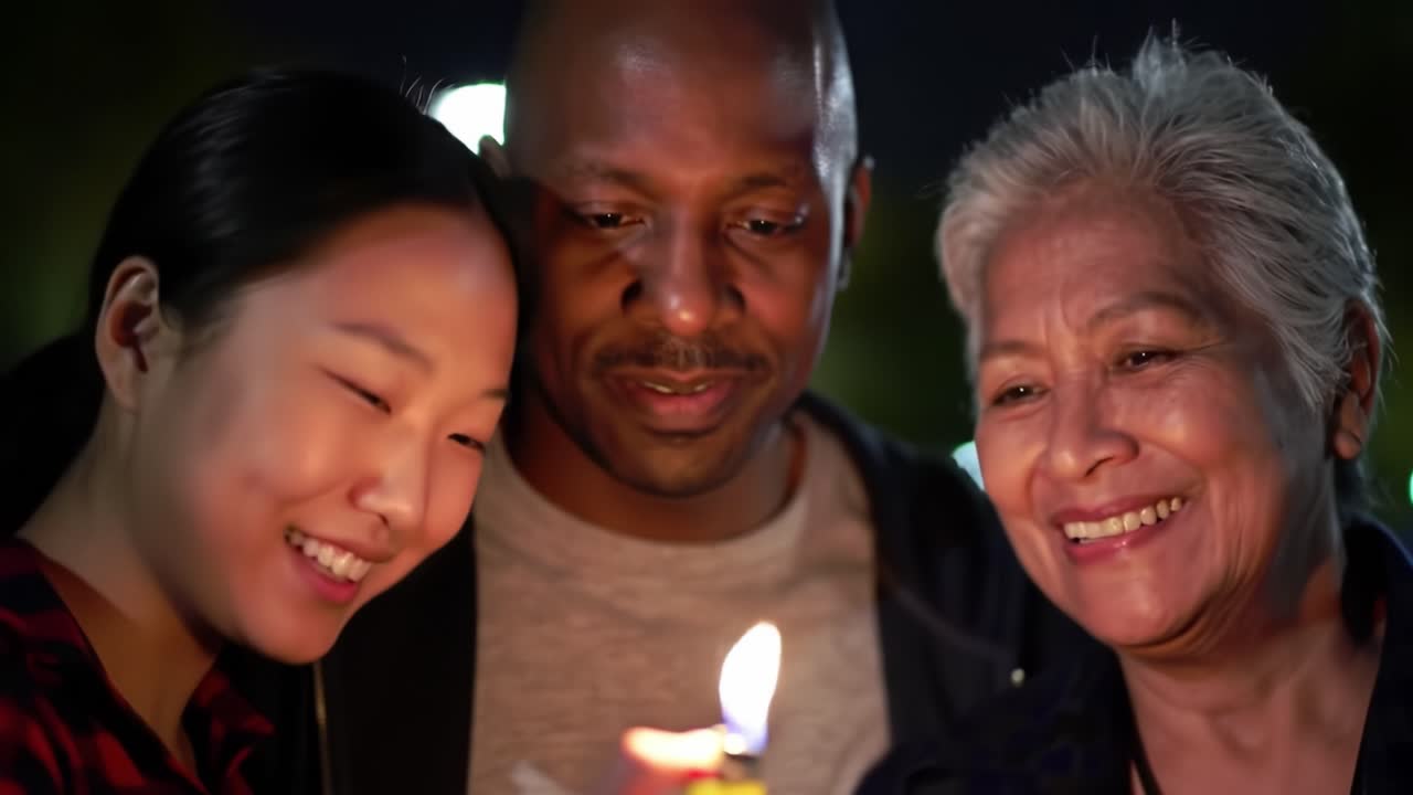 A Heartwarming Moment: Three Diverse Generations Bonding Over a Candle Flame, Illuminating Their Faces with Warmth and Joy in a Cozy Night Setting