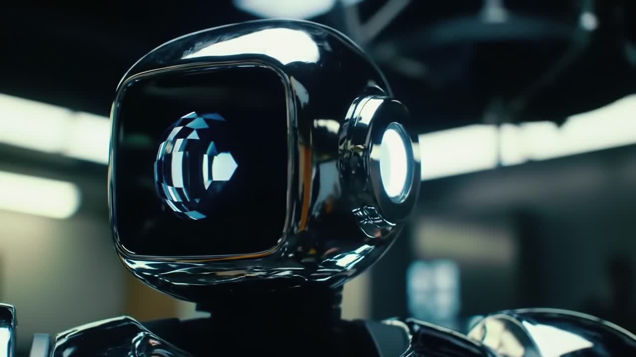 A Close-Up View of a Shiny, Futuristic Robot with a Reflective Surface, Displaying an Unusual Light in Its Eye and Capturing the Essence of Advanced Technology