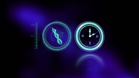 Animation-Der-Uhr,-Die-Sich-über-Den-DNA-Strang-Bewegt,-Und-Scannen-Des-Zielfernrohrs-Auf-Schwarzem-Hintergrund