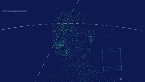 animación de procesamiento de datos y cabeza humana digital sobre fondo azul