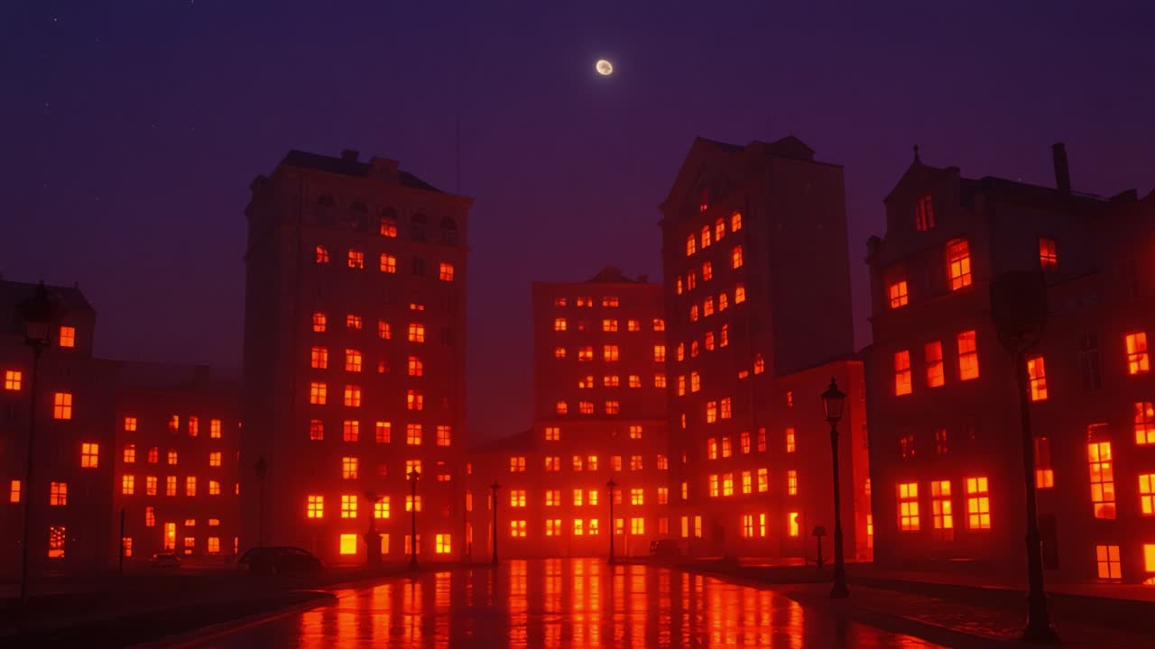 Mystical Urban Scene Illuminated by Vibrant Orange Lights Against a Dark Night Sky Featuring a Subtle Crescent Moon Over Shadowy Buildings