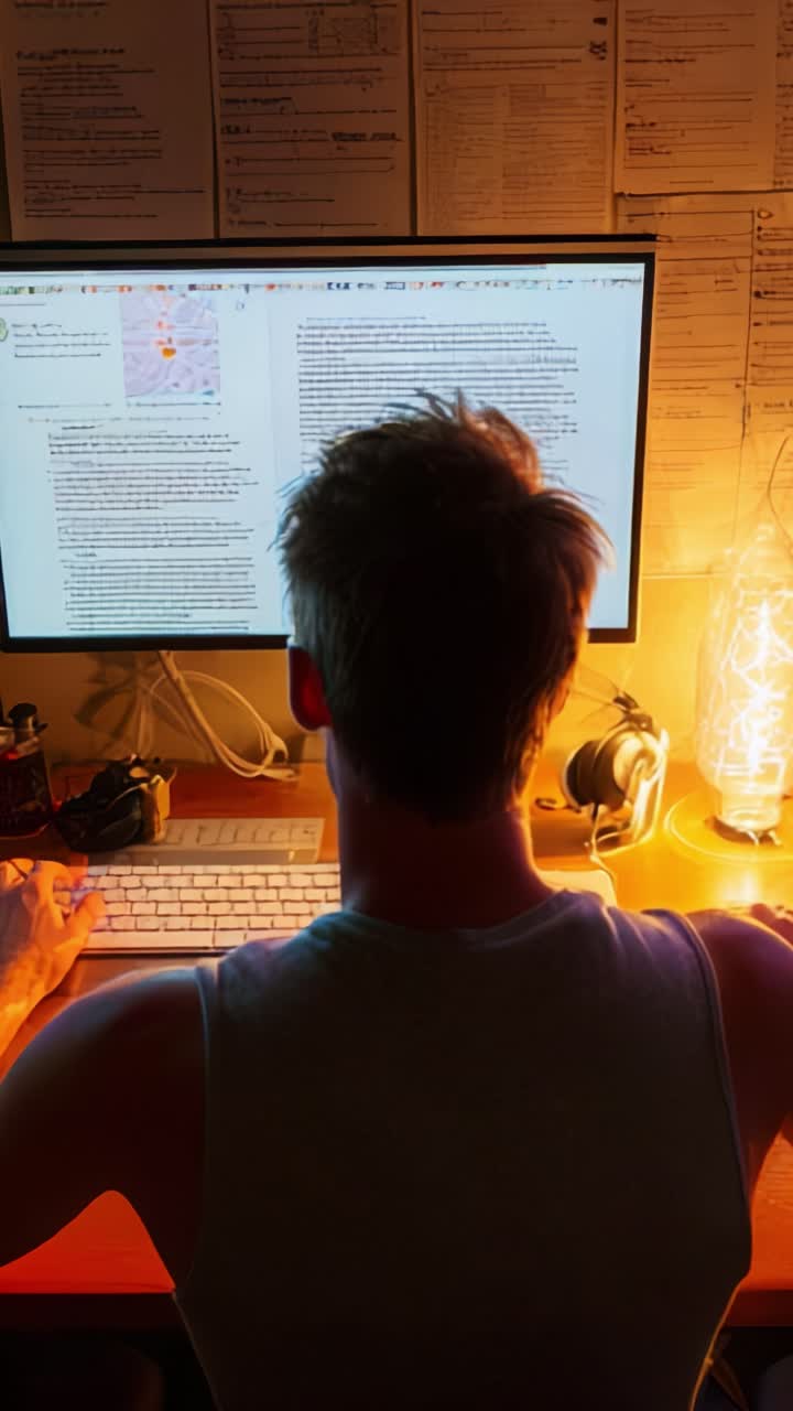 Focused Individual Engaged in Writing or Research at a Computer in a Dimly Lit Room Surrounded by Papers and Creative Objects