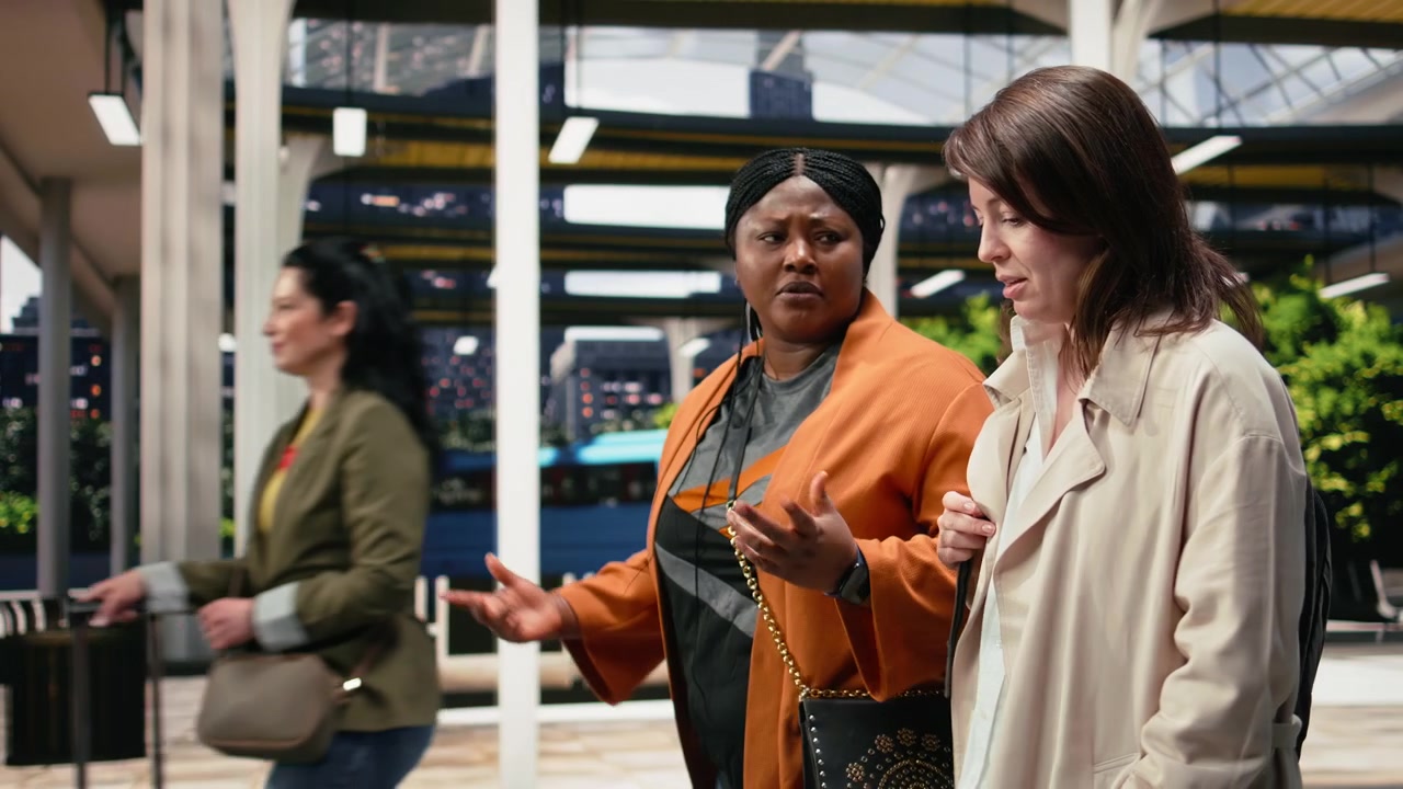 Close up of friendly coworkers talking in bus station