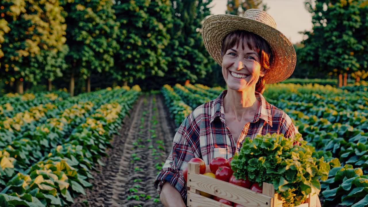 A joyful farmer showcases freshly harvested vegetables in a lush field