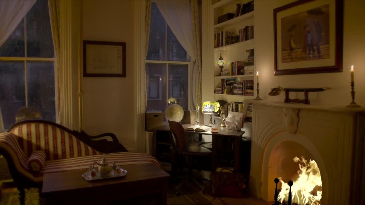 Lightning outside a den with a roaring fireplace. Perfect loop, ideal for cinemagraphs.