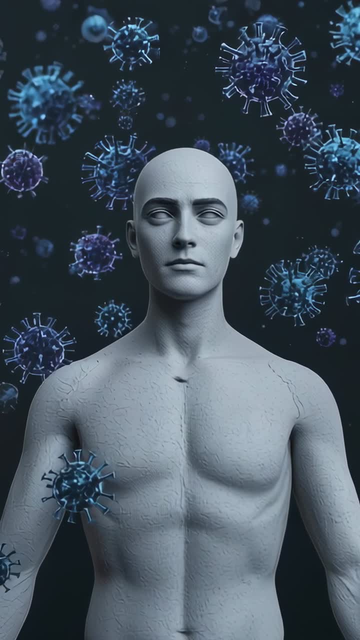 Vertical video: Appearing blue and purple virus particles orbiting colorless CGI bust in dark void