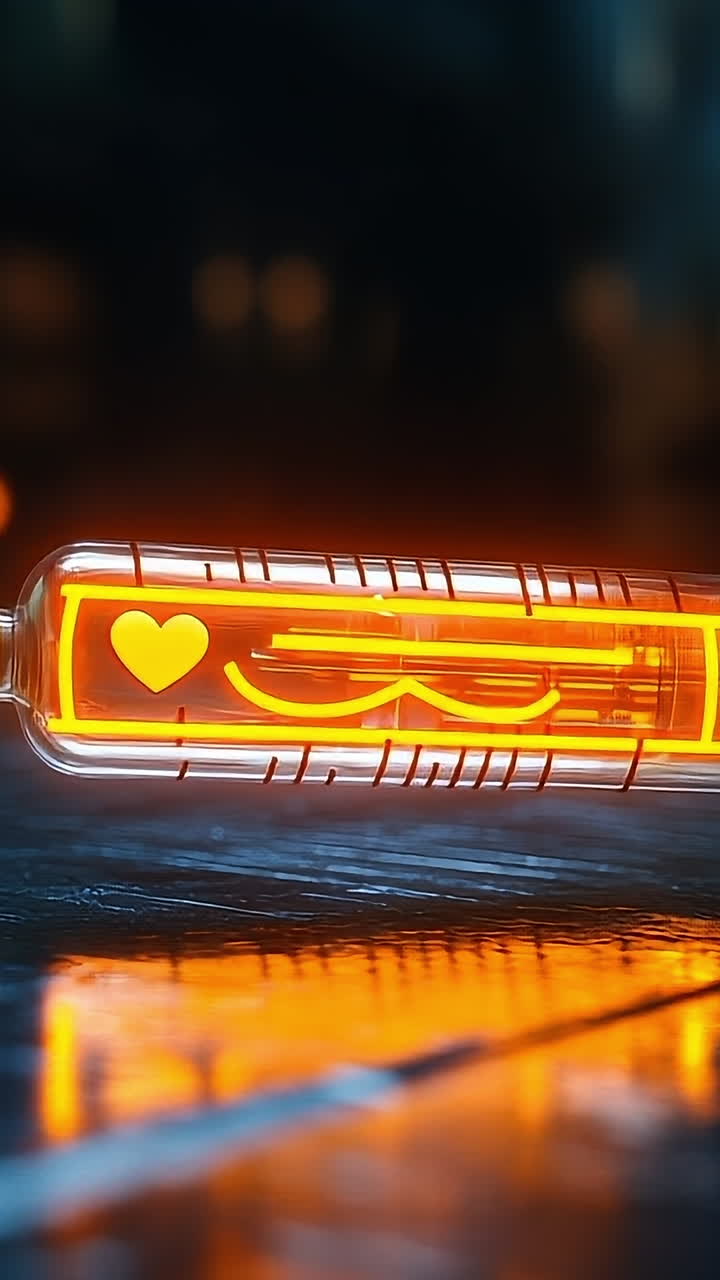 Glowing orange syringe on table. A syringe with bright orange liquid glows softly on a dark surface.