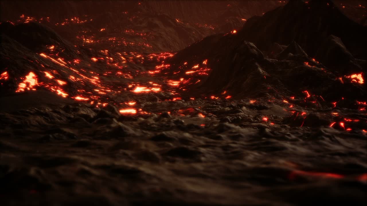 lava fundida roja y vibrante que fluye sobre un campo de lava gris y una tierra rocosa brillante
